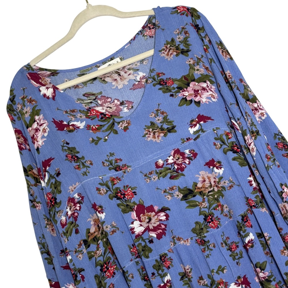 Natural Life Floral Tiered Mini Dress Women Medium Blue Boho‎ V-Neck Rayon